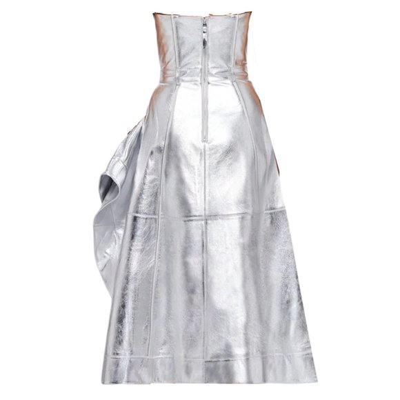 LEO LIN SILVER METALLIC SYBIL LEATHER BUSTIER MIDI DRESS - Picture 3 of 4